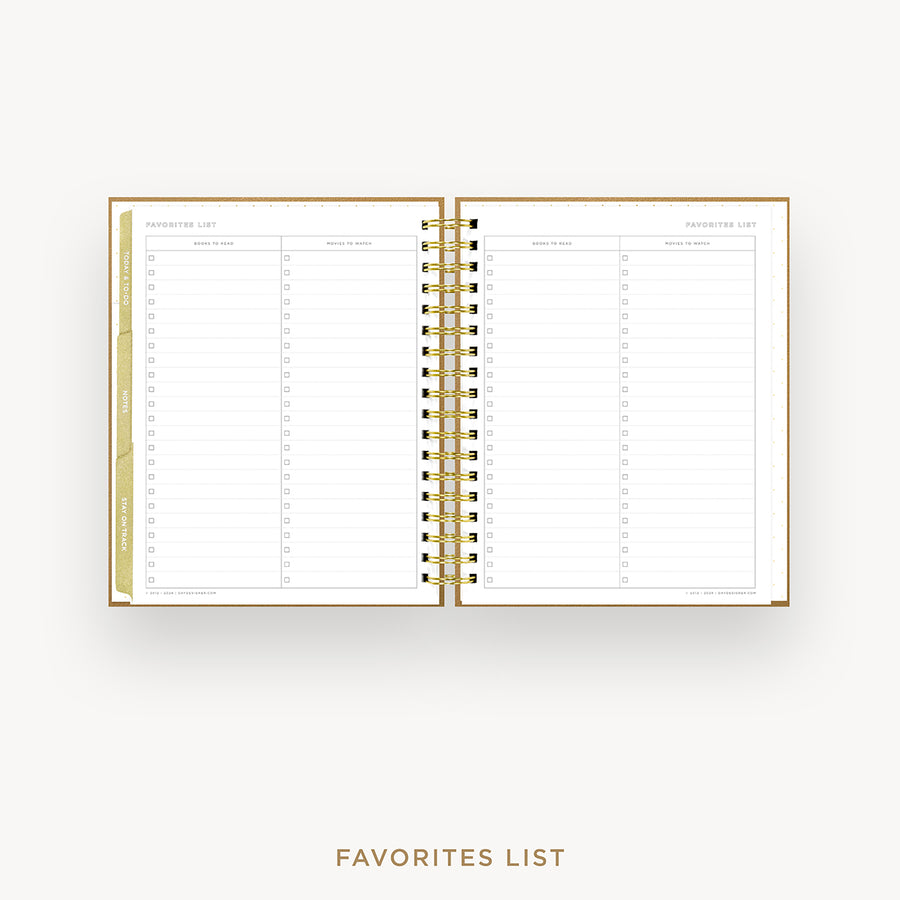 Day Designer 2026 weekly planner: caramel latte pebble texture cover with favorite books and movies pages