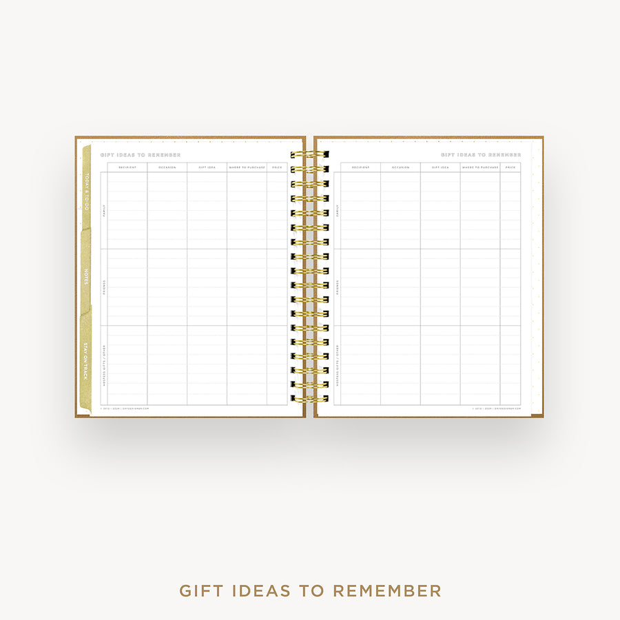 Day Designer 2026 weekly planner: caramel latte pebble texture cover with gift ideas pages
