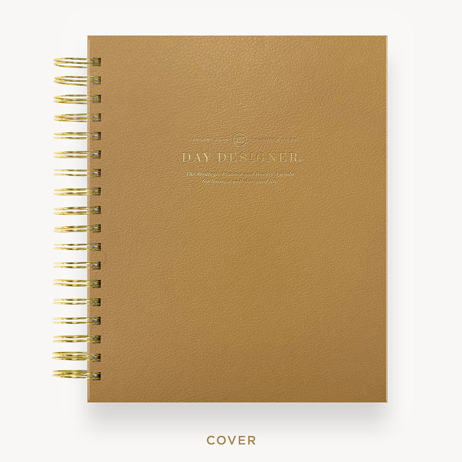 Day Designer 2026 weekly planner: caramel latte pebble texture hard cover, gold wire binding
