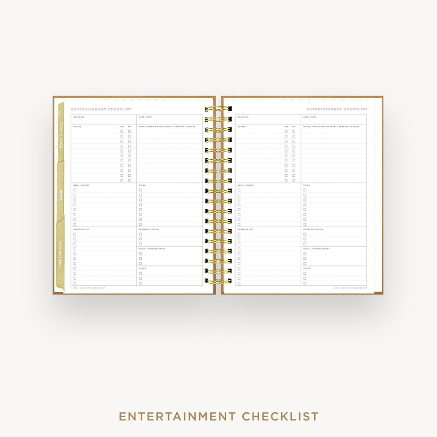Day Designer 2026 weekly planner: caramel latte pebble texture cover with entertainment party planner