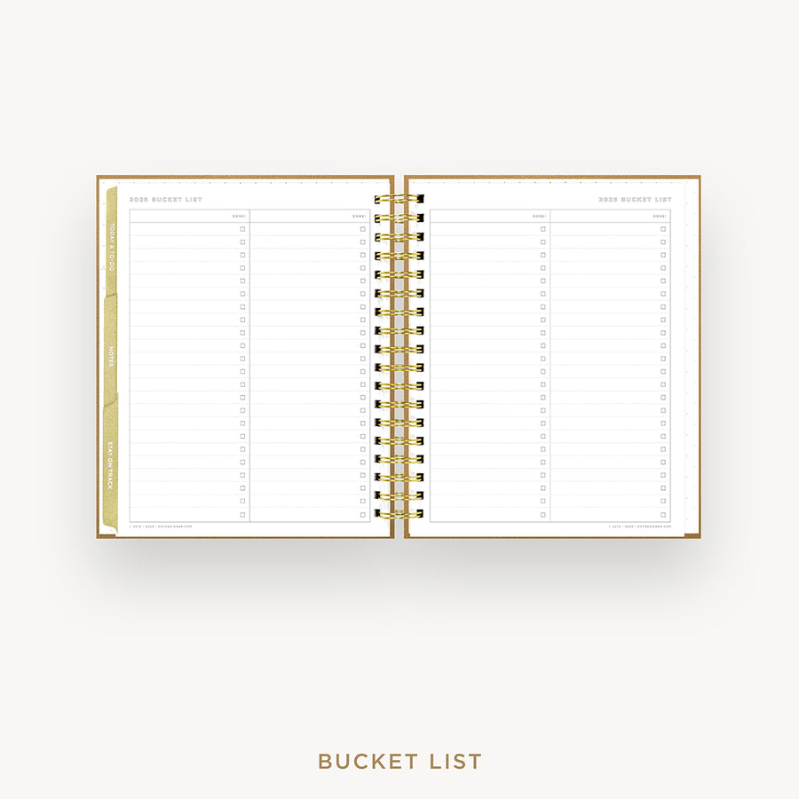 Day Designer 2026 weekly planner: caramel latte pebble texture cover with bucket list