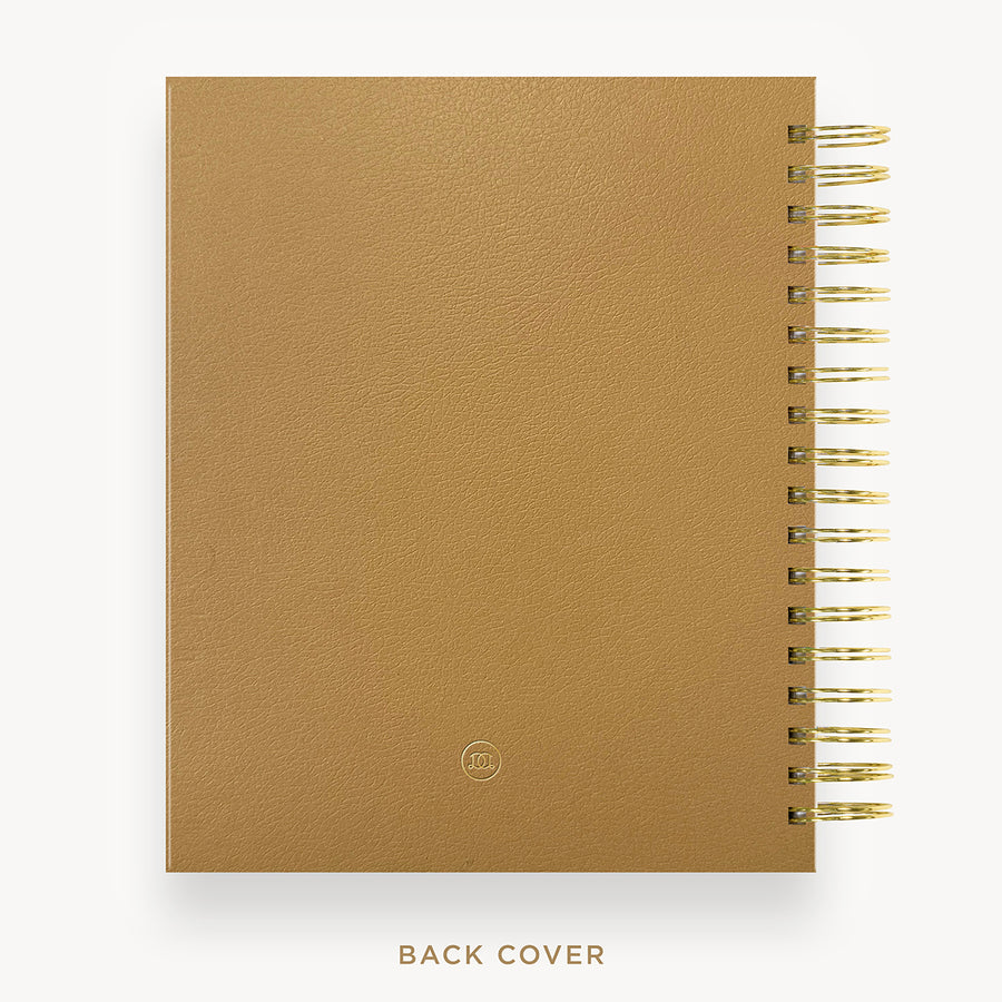 Day Designer 2026 weekly planner: caramel latte pebble texture cover with back cover with gold detail