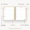 Day Designer 2026 weekly planner: caramel latte pebble texture opened with captions of contents