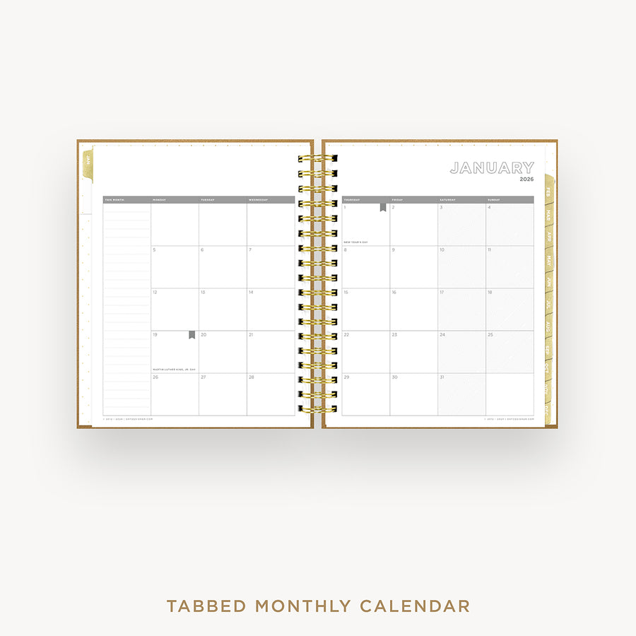 Day Designer 2026 weekly planner: caramel latte pebble texture cover with monthly calendar