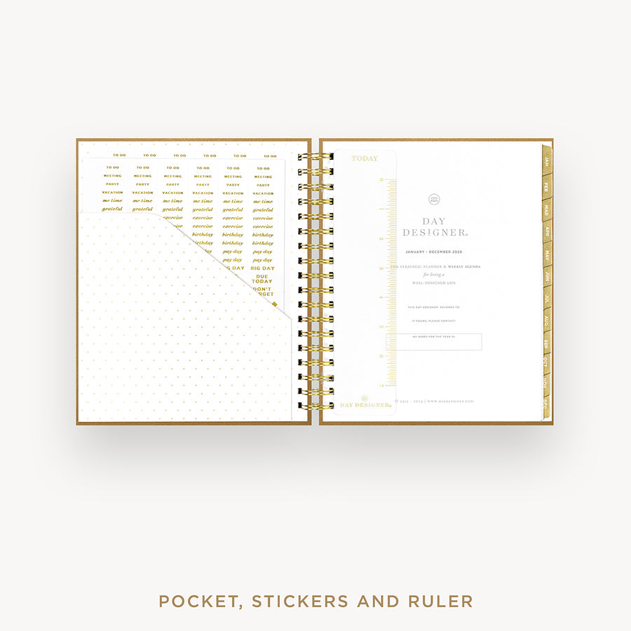 Day Designer 2026 weekly planner: caramel latte pebble texture cover with pocket and gold stickers