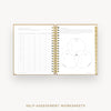 Day Designer 2026 weekly planner: caramel latte pebble texture cover with self assessment worksheet