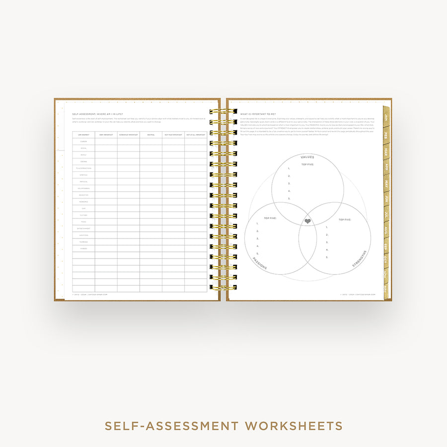 Day Designer 2026 weekly planner: caramel latte pebble texture cover with self assessment worksheet