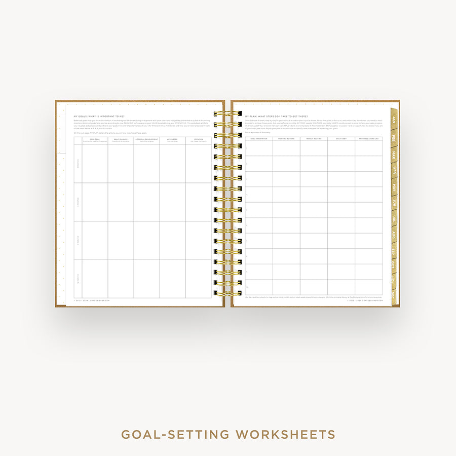 Day Designer 2026 weekly planner: caramel latte pebble texture cover with goals worksheet