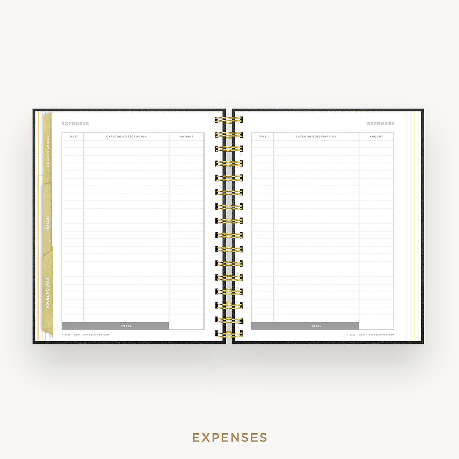 Day Designer 2026 mini weekly planner: classic black pebble texture cover with expense tracking pages