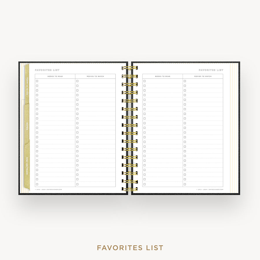 Day Designer 2026 mini weekly planner: classic black pebble texture cover with favorite books and movies pages