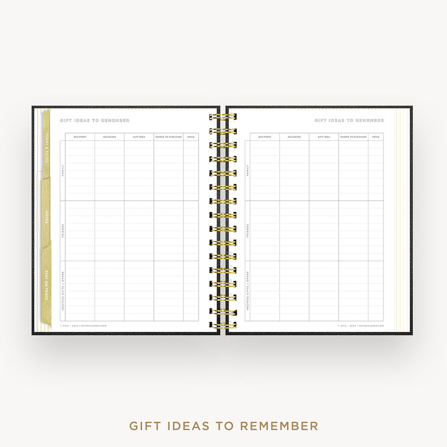 Day Designer 2026 mini weekly planner: classic black pebble texture cover with gift ideas pages