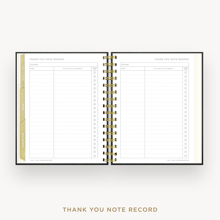 Day Designer 2026 mini weekly planner: classic black pebble texture cover with thank you notes pages