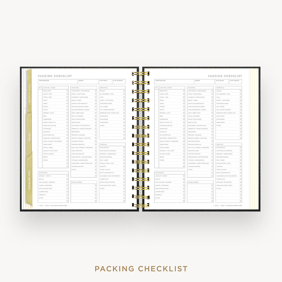 Day Designer 2026 mini weekly planner: classic black pebble texture cover with packing checklist
