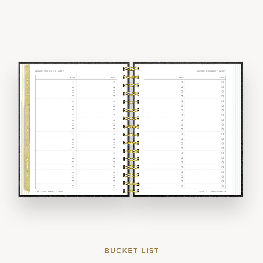 Day Designer 2026 mini weekly planner: classic black pebble texture cover with bucket list