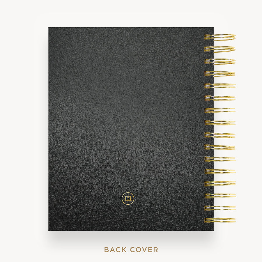 Day Designer 2026 mini weekly planner: classic black pebble texture cover with back cover with gold detail
