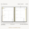 Day Designer 2026 mini weekly planner: classic black pebble texture opened with captions of contents