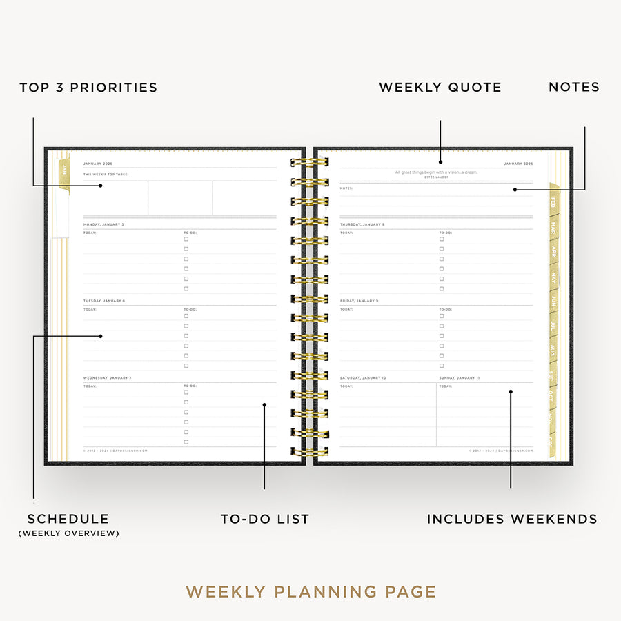Day Designer 2026 mini weekly planner: classic black pebble texture opened with captions of contents