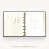 Day Designer 2026 mini weekly planner: classic black pebble texture cover with pocket and gold stickers