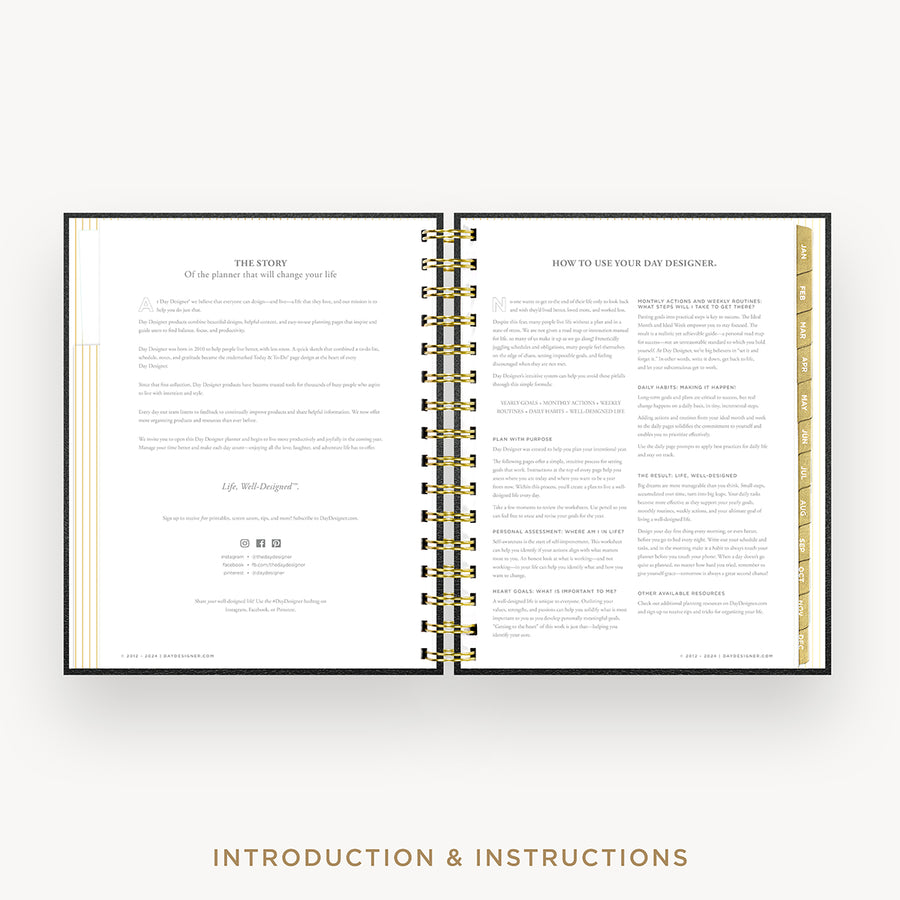 Day Designer 2026 mini weekly planner: classic black pebble texture cover with introduction