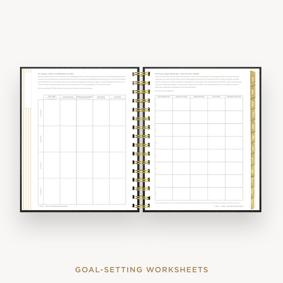 Day Designer 2026 mini weekly planner: classic black pebble texture cover with goals worksheet