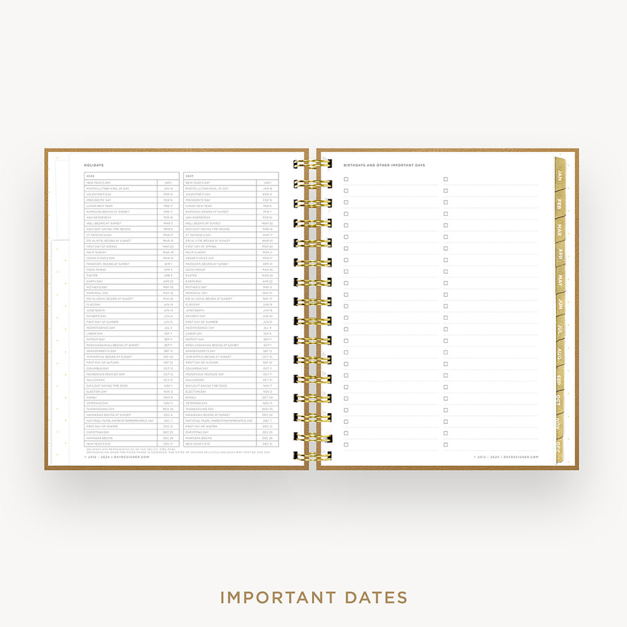 Day Designer 2026 weekly planner: caramel latte pebble texture cover with holidays page