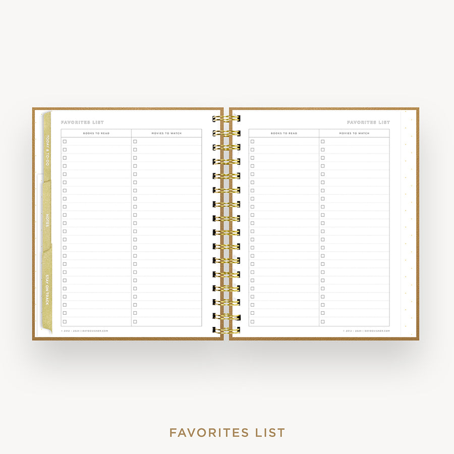 Day Designer 2026 weekly planner: caramel latte pebble texture cover with favorite books and movies pages