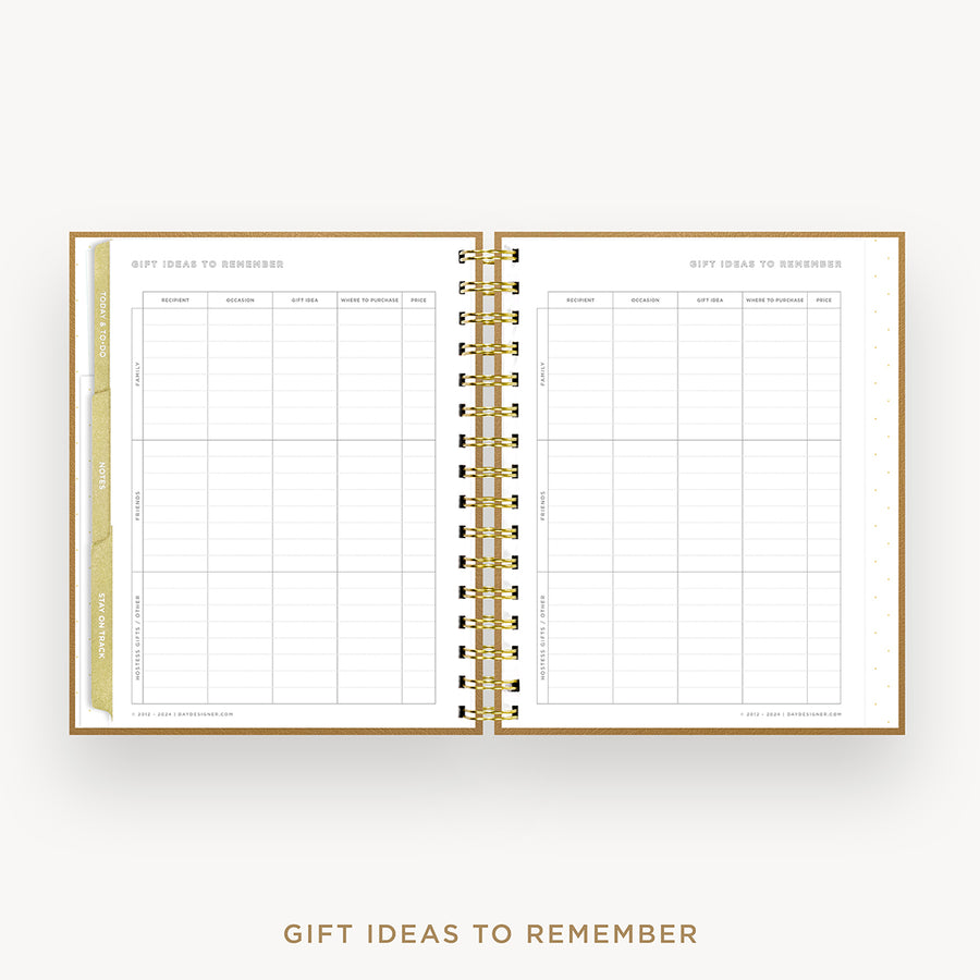 Day Designer 2026 weekly planner: caramel latte pebble texture cover with gift ideas pages