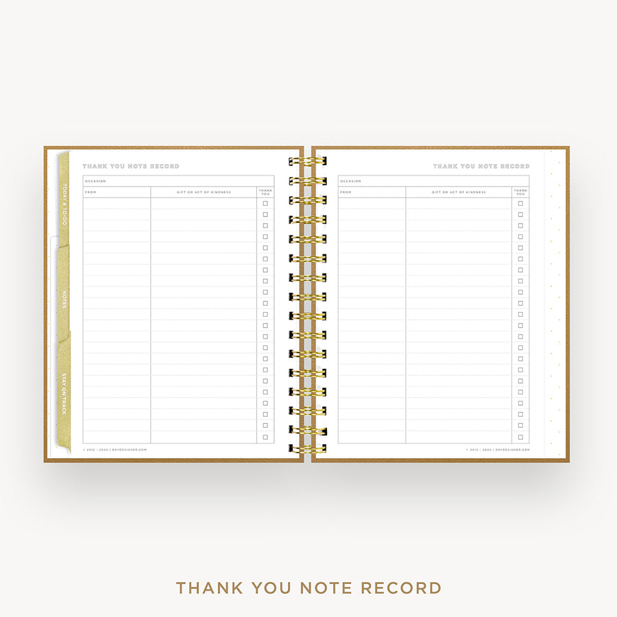 Day Designer 2026 weekly planner: caramel latte pebble texture cover with thank you notes pages