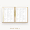 Day Designer 2026 weekly planner: caramel latte pebble texture cover with packing checklist