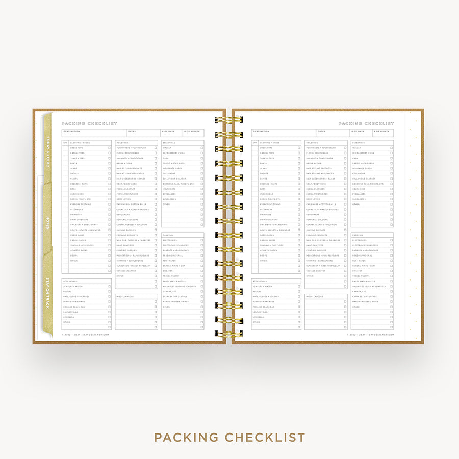 Day Designer 2026 weekly planner: caramel latte pebble texture cover with packing checklist