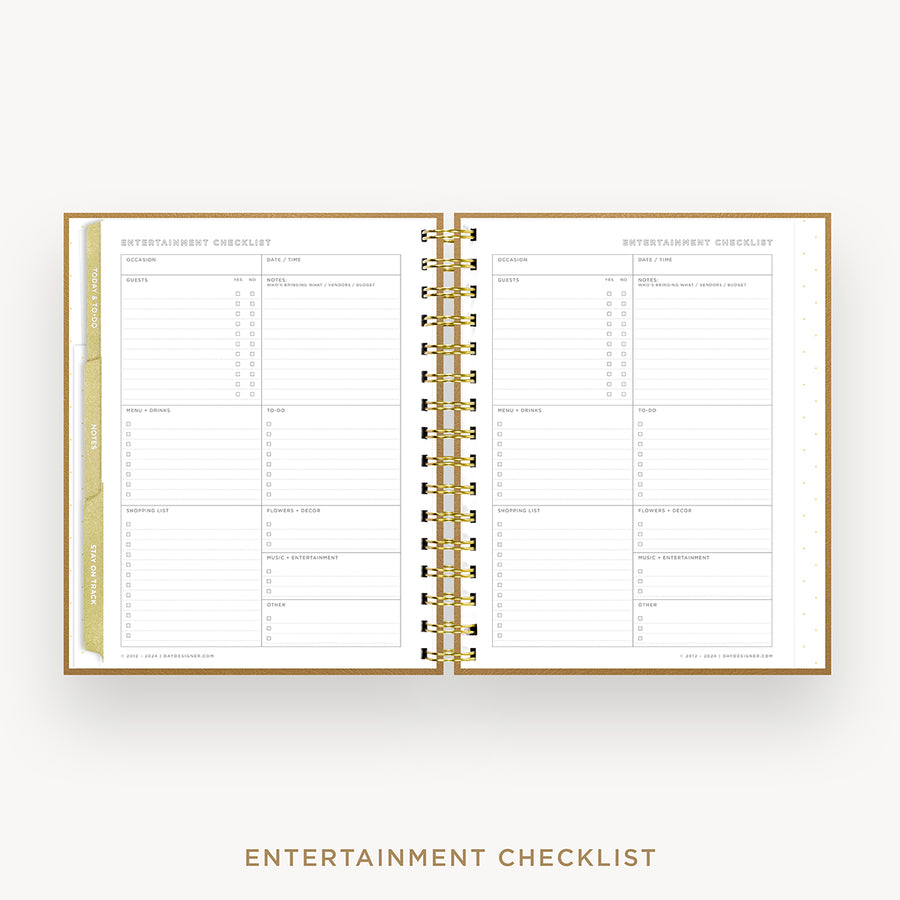 Day Designer 2026 weekly planner: caramel latte pebble texture cover with entertainment party planner