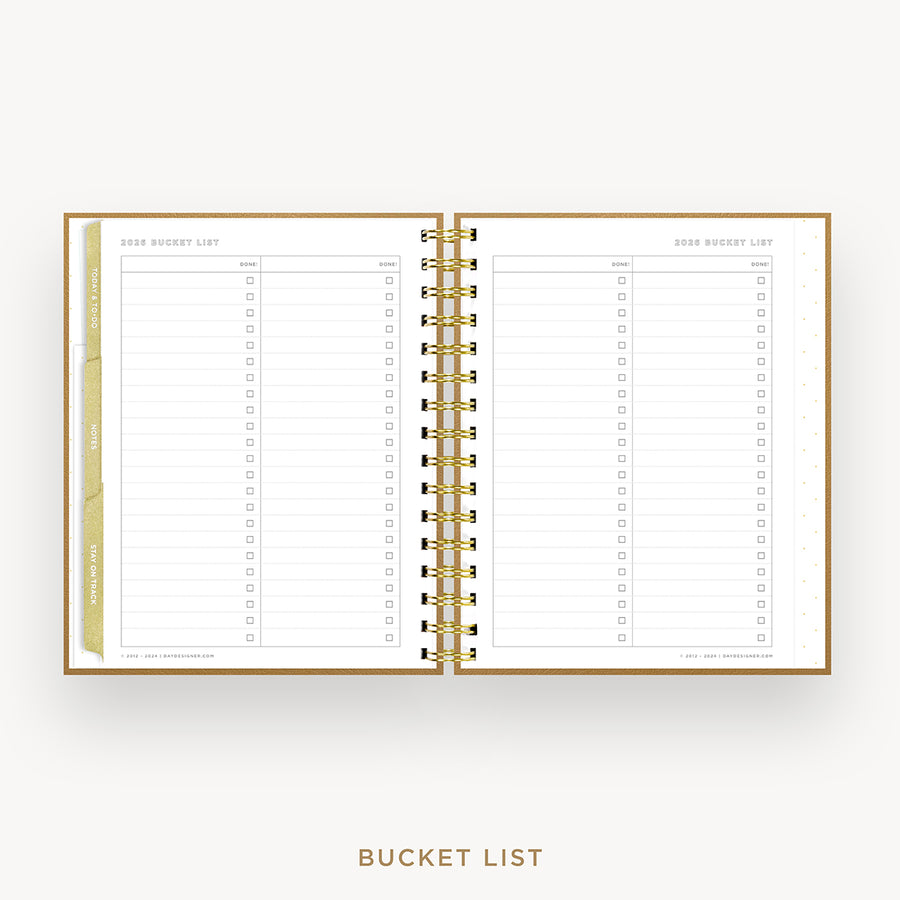 Day Designer 2026 weekly planner: caramel latte pebble texture cover with bucket list