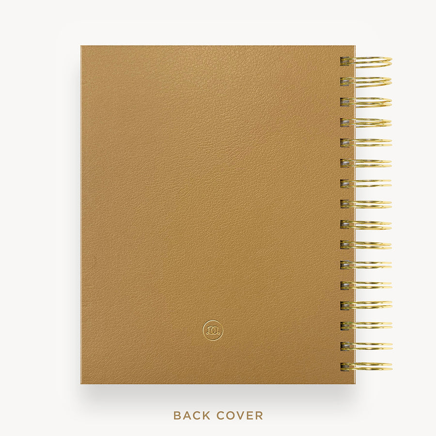 Day Designer 2026 weekly planner: caramel latte pebble texture cover with back cover with gold detail