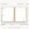 Day Designer 2026 weekly planner: caramel latte pebble texture opened with captions of contents