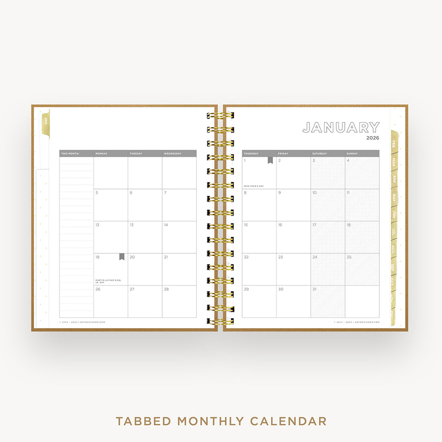 Day Designer 2026 weekly planner: caramel latte pebble texture cover with monthly calendar