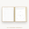 Day Designer 2026 weekly planner: caramel latte pebble texture cover with self assessment worksheet