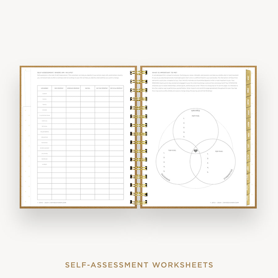 Day Designer 2026 weekly planner: caramel latte pebble texture cover with self assessment worksheet