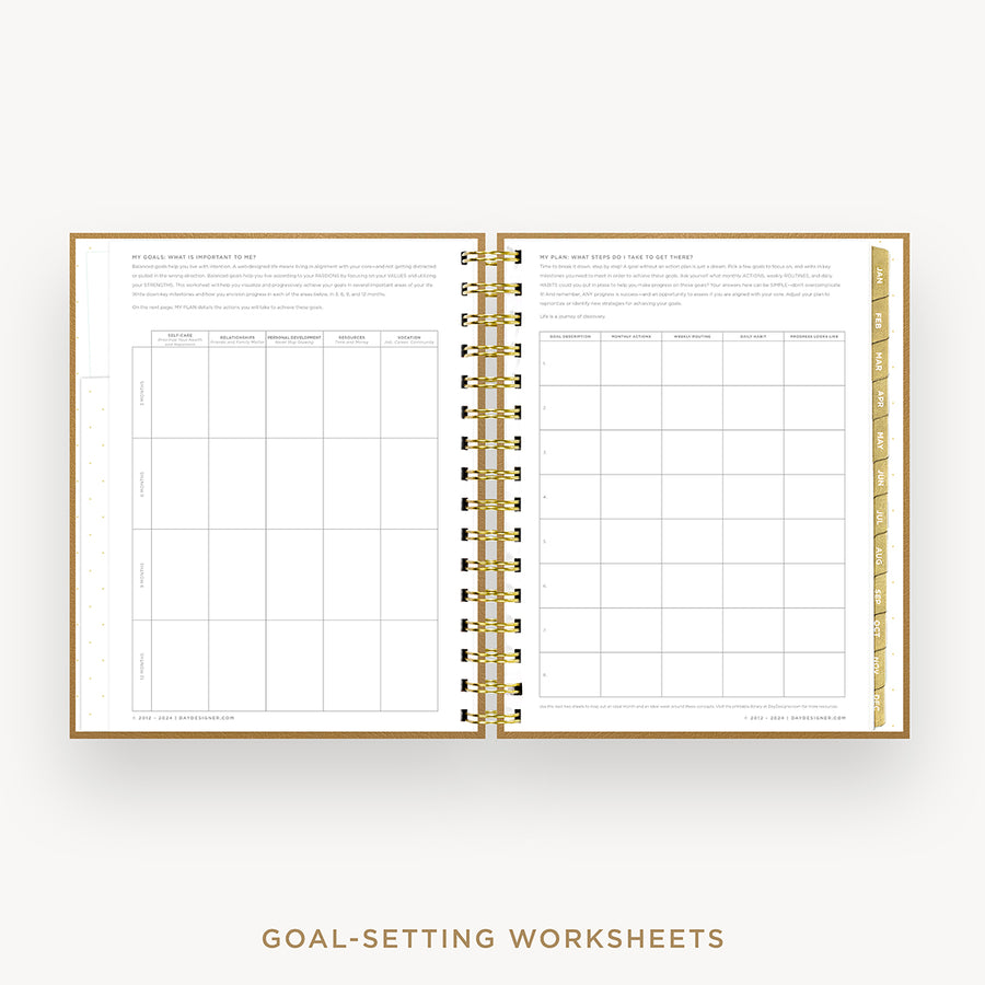 Day Designer 2026 weekly planner: caramel latte pebble texture cover with goals worksheet