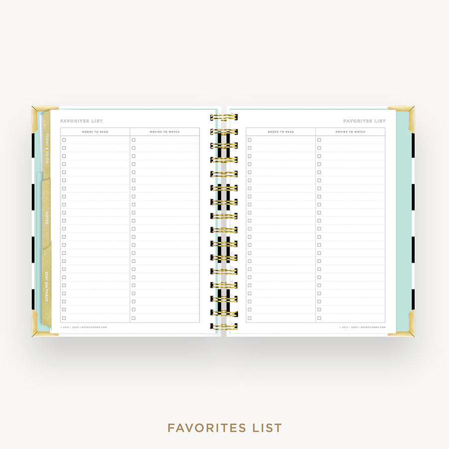 Day Designer 2026 weekly planner: black stripe cover with favorite books and movies pages