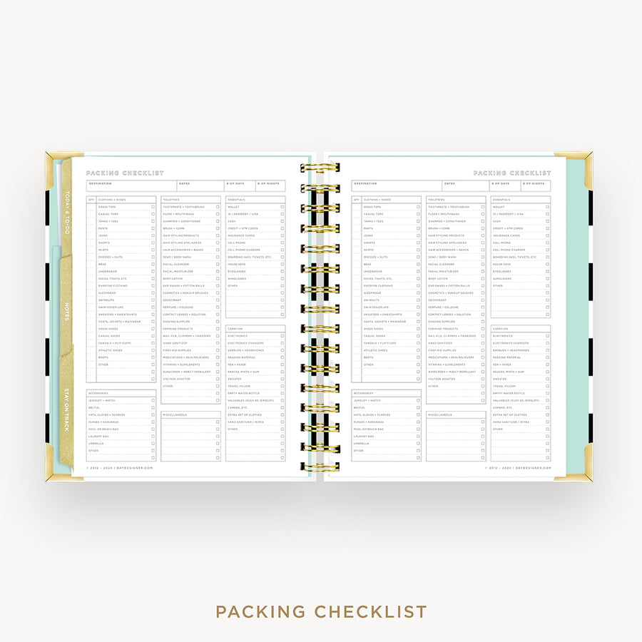 Day Designer 2026 weekly planner: black stripe cover with packing checklist