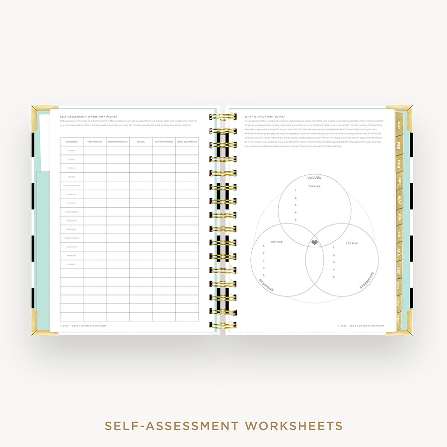 Day Designer 2026 weekly planner: black stripe cover with self assessment worksheet
