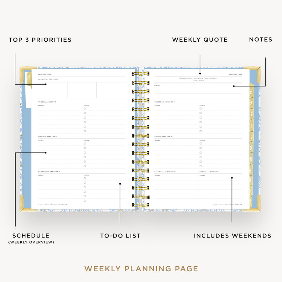 Day Designer 2026 mini weekly planner: alicia opened with captions of contents