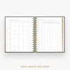 An open spiral-bound planner or agenda showing two white pages with grid tables for monthly and weekly planning, set against a light gray background with the text 'IDEAL MONTH AND WEEK' below.