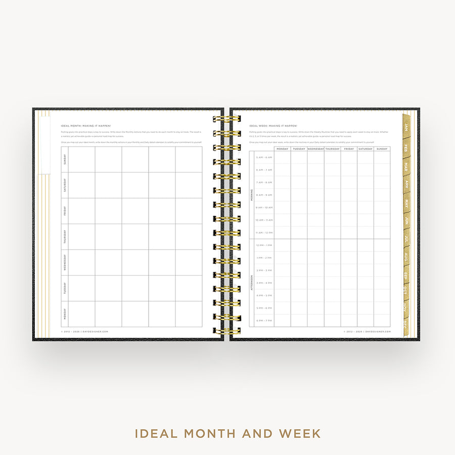 An open spiral-bound planner or agenda showing two white pages with grid tables for monthly and weekly planning, set against a light gray background with the text 'IDEAL MONTH AND WEEK' below.