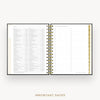 An open spiral-bound planner or agenda with dense printed tables and checklist pages, shown on a light gray background with the words 'IMPORTANT DATES' below.