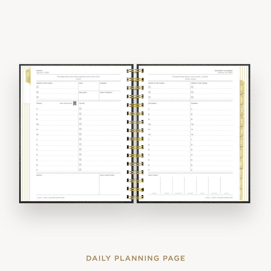 An open spiral-bound daily planner showing two lined daily planning pages with gold ring binding, photographed on a clean white background with the text 'DAILY PLANNING PAGE' below.