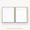An open spiral-bound workbook showing self-assessment worksheet pages, including a checklist on the left and a Venn diagram on the right, with the text 'SELF-ASSESSMENT WORKSHEETS' below on a light background.