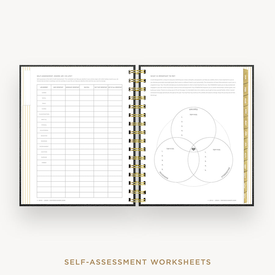 An open spiral-bound workbook showing self-assessment worksheet pages, including a checklist on the left and a Venn diagram on the right, with the text 'SELF-ASSESSMENT WORKSHEETS' below on a light background.