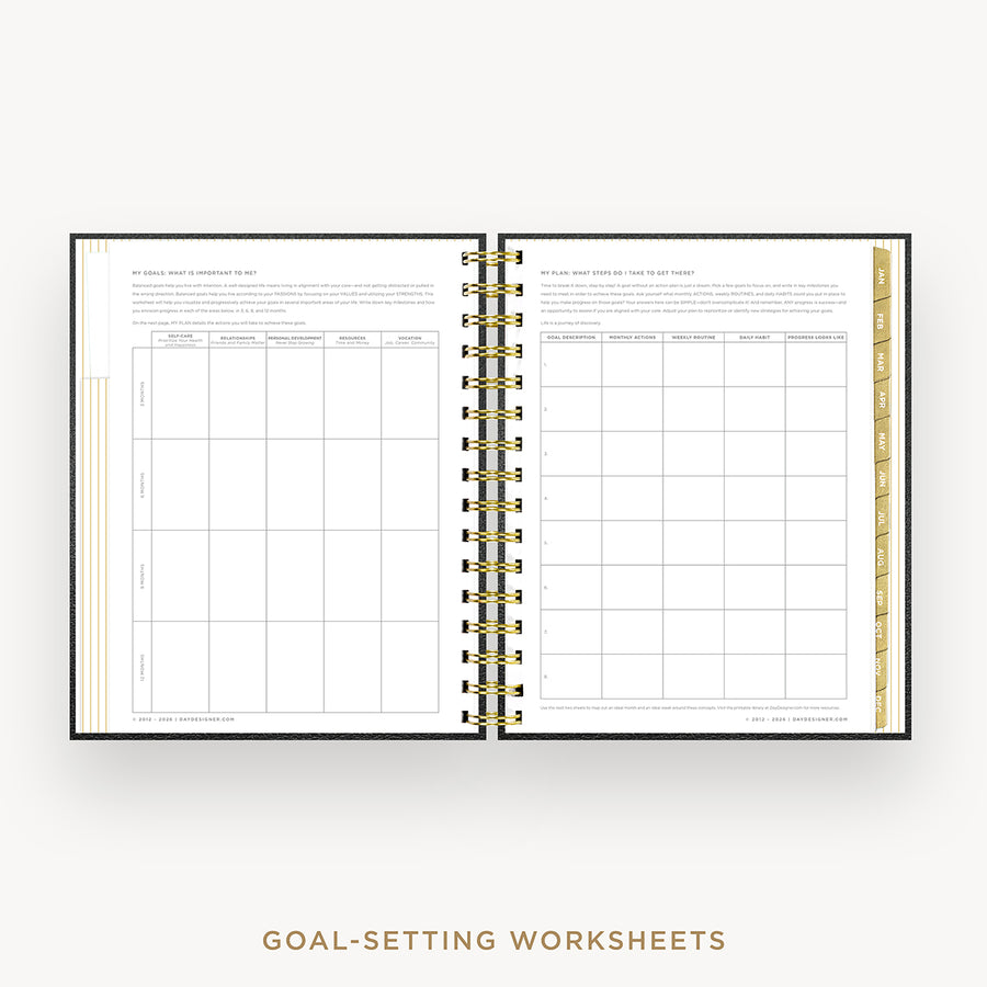 An open spiral-bound planner or notebook showing two pages of goal-setting worksheets, with a gold-toned ring binder and gold vertical tabs, on a light gray background. Text below reads 'GOAL-SETTING WORKSHEETS'.