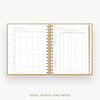 An open spiral-bound planner or calendar showing monthly and weekly grid layouts on white pages, with a gold-toned ring binder and gold text below reading 'IDEAL MONTH AND WEEK' on a light gray background.